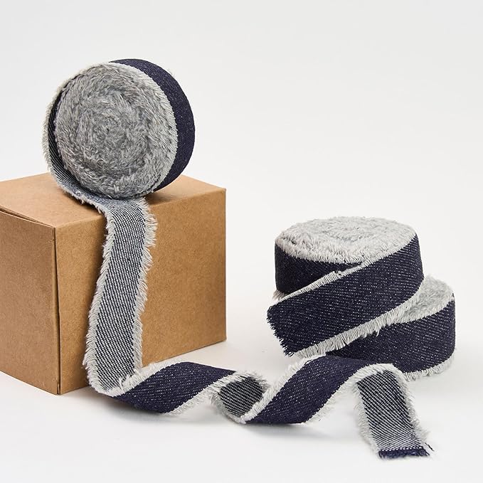 Pretty Jolly Dark Blue Denim Ribbon for Crafts Handmade Rustic Frayed Cotton Jean Fabric Ribbon for Flower Bouquet 15 Yards 1 Inch Cloth Ribbons for Gift Wrapping Hair Sewing Accessories Holiday Decor