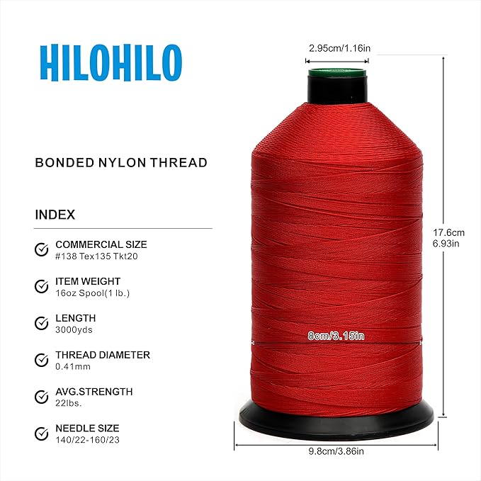 Extra Strong Bonded Nylon Thread #138 Tex135 – 16 OZ, 3000yds, Versatile Stitching Solution for Leather, Upholstery, Canvas Repair and More (Red)