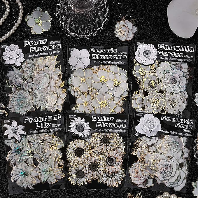 120PCS Floral Stickers for Journaling with Holographic Foil, Retro Background Decorative Stickers PET Material for Scrapbooking, Planners, Diaries, 6 Styles Vintage Flower Design