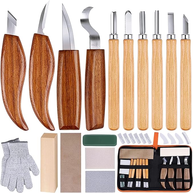 26-in-1 Wood Carving Kit with Detail Wood Carving Knife, Whittling Knife, Wood Chisel Knife, Gloves, Carving Knife Sharpener for Spoon, Bowl, Kuksa Cup (26PCS)