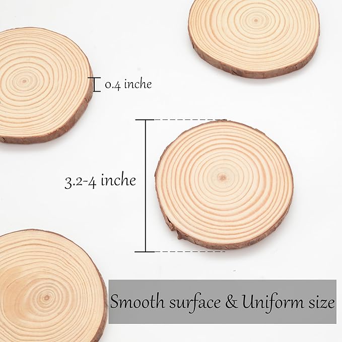 Unfinished Natural Wooden Slices 3.2-4 Inch Wood Circles for Crafts DIY Christmas Ornament Craft Wood Kit with Bit,Blank Round Wood Slice with Bark for Art,Painting,Party (Wood Slices 70 pcs)