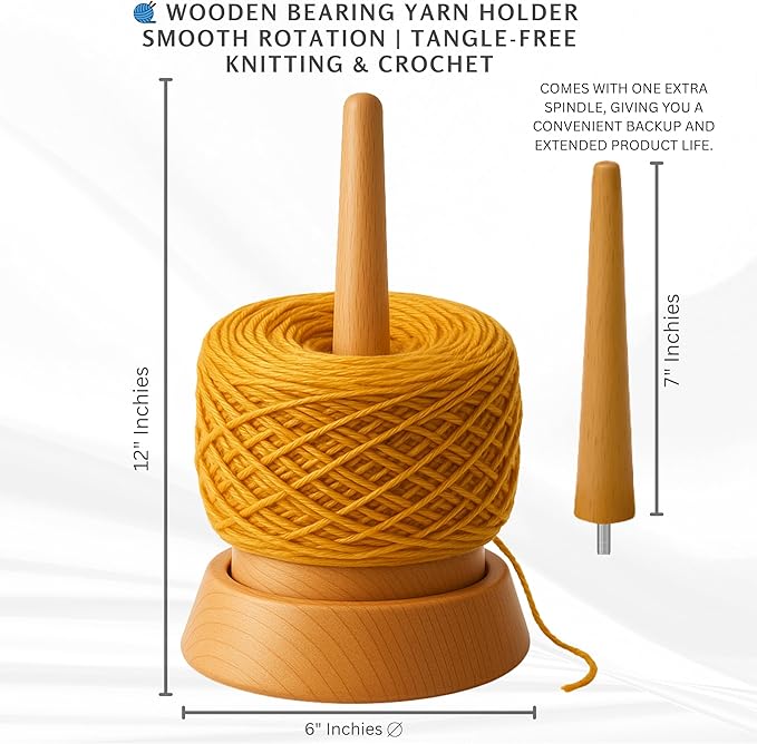 Kraftica Beech Wood Yarn Holder, Tangle-Free Yarn Spinner for Knitting & Crochet with Smooth-Rotation Bearing, Heavy Base, Two Spindles & Anti-Slip Rubber Feet, 22 lb Capacity for Chunky Yarn.