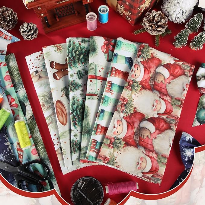 Hahafelt 10 Pcs Watercolor Christmas Quilting Fabric Bundles 20 x 20 Inch Xmas Santa Claus Gingerbread Man Snowflake Fat Squares Quarters Fabric by The Yard Patchwork for Craft Sewing DIY Decor
