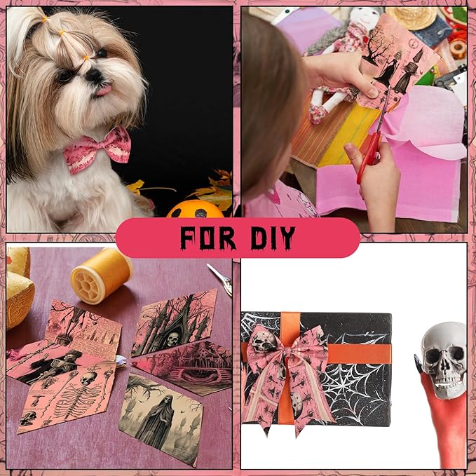 HunnmingRe 20 Pcs 10''x10'' Pink Halloween Quilting Fabric Square Skeleton Skull Bat Eyes Quiltted Fabric Bundle Black Precuts Printed Patchwork Supplies for Holiday DIY Sewing Craft
