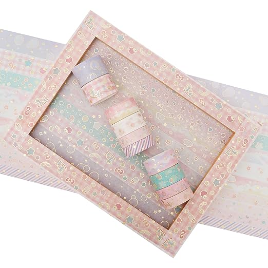 YUBX Creative Washi Tape Set 10 Rolls Gold Foil Print Decorative Masking Tapes for Arts, DIY Crafts, Journals, Planners, Scrapbook, Wrapping (Cute Sweety)