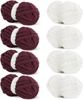 HOMBYS 8 Pack Assorted Chunky Yarn for Crocheting,Super Bulky Large Soft Fluffy Yarn,Plush Fuzzy Yarn,Thick Chenille Yarn for Hand Knitting/Arm Knitting,4 Cream & 4 Wine Red(27yds,8 oz Each Skein)