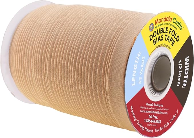 Mandala Crafts 55 Yards 1/2 Inch Khaki Double Fold Bias Tape for Sewing - Bias Binding Tape for Quilting Binding, Hemming, Seam, and Fabric Piping