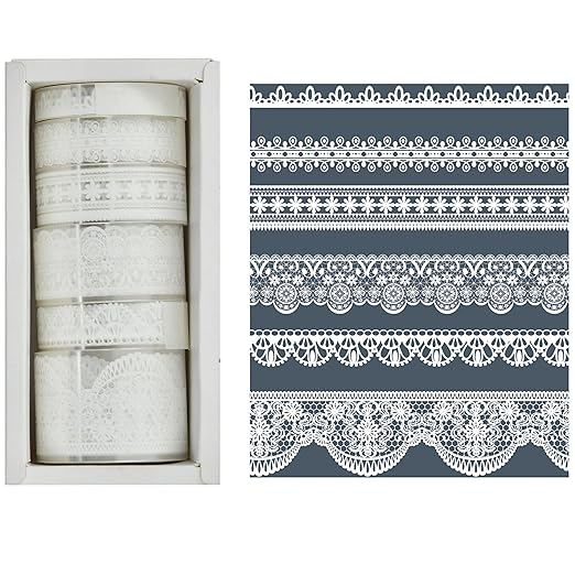 6 Rolls Lace Patterns PET Tapes Floral Arts Decorative Tape Set Adhesive Transparent Masking Tapes for DIY Craft, Kids, Scrapbook, DIY, Gift Wrapping, Journal (Pure White)