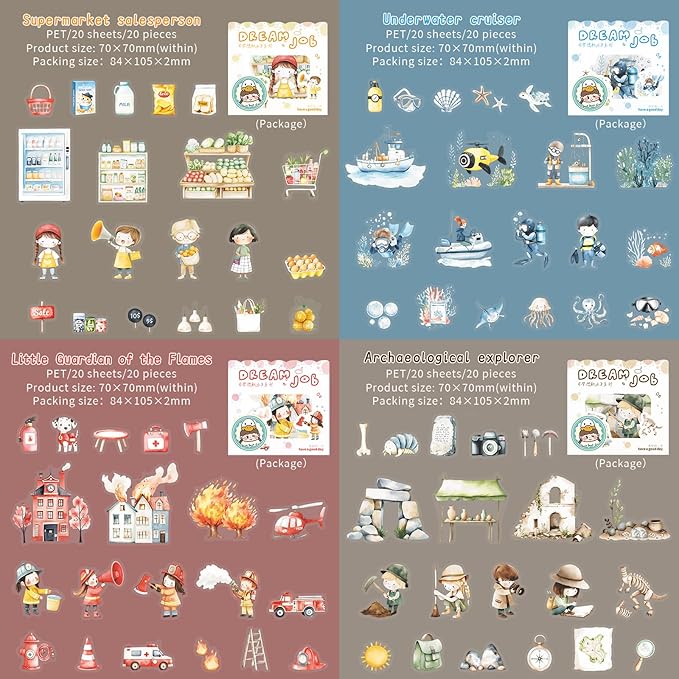 120 Pieces Dream Job Themed European Style PET Stickers for Scrapbooking, Card Making, Journaling, DIY Crafts, and Junk Journal Supplies (6 Pack)