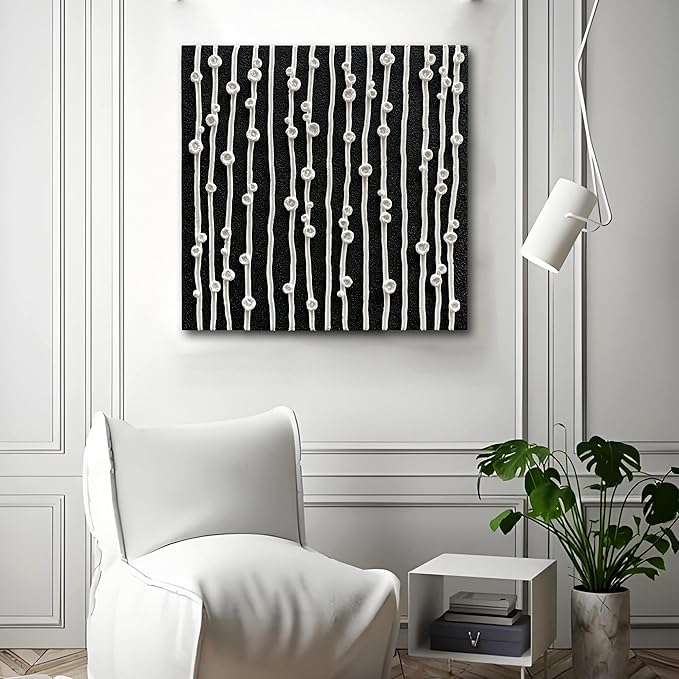 NANKAI Art Hand-Painted Black and White Thick-Textured Abstract Painting Contemporary Minimalist Canvas Oil Painting, Home Office Wall Decoration Art, 24x24 inches