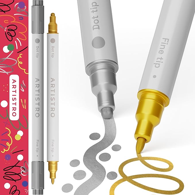 ARTISTRO 2 Gold&Silver Dual-Tip Acrylic Paint Pens - Multisurface Markers for Glass, Rock, Fabric, Wood, Plastic & More - 5mm Dot + 1mm Fine Tips