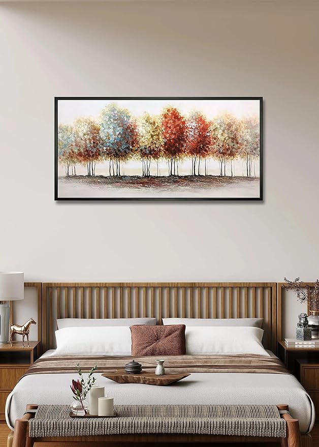 Tiancheng Art, 24x48 Inch Modern Abstract Painting Oil Hand Paintings Tree 3D Hand-Painted On Canvas Acrylic Frame Wall Art Colorful Forest Box Table Hanging Wall Decoration