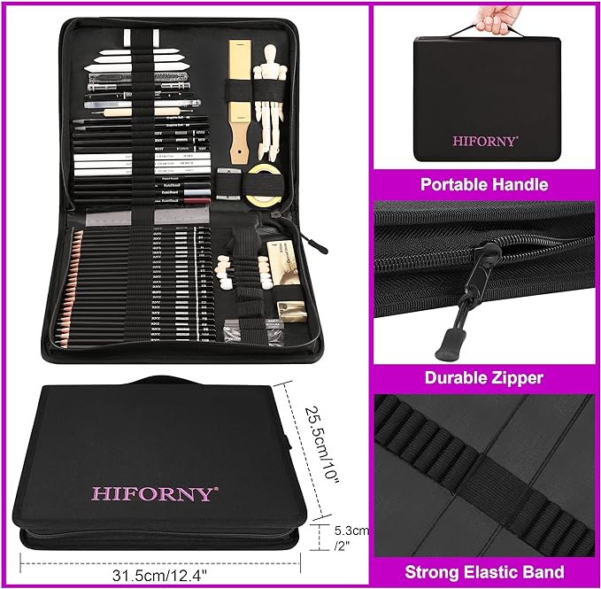 HIFORNY 70 Pcs Drawing Set Sketching Kit - Sketch Pencils Art Supplies for Adults Artists Kids with 3-Color Sketchbook,Graphite,Pastel,Charcoal Pencils,Blending Tools