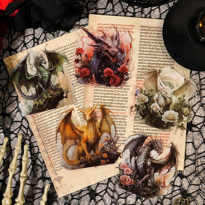 80 Pcs Gothic Aesthetic Dragon Rose Stickers for Scrapbooking – Large Dark Fantasy Vintage Mythical Creature Clear Decals for Journals, Planners, Goth Crafts