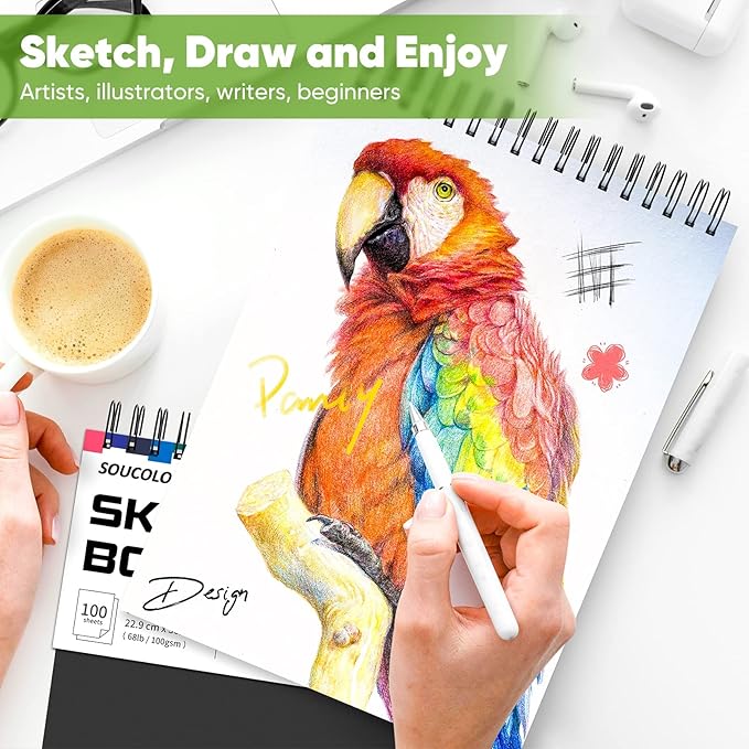 Soucolor Art and Craft Paper for Kids Adults Artists Doodles, School Projects & Home Painting, 9"x12" Bulk Sketch Books 3-Pack (100 Sheets Each) | Spiral Bound Drawing Paper Acid Free (68lb/100gsm)