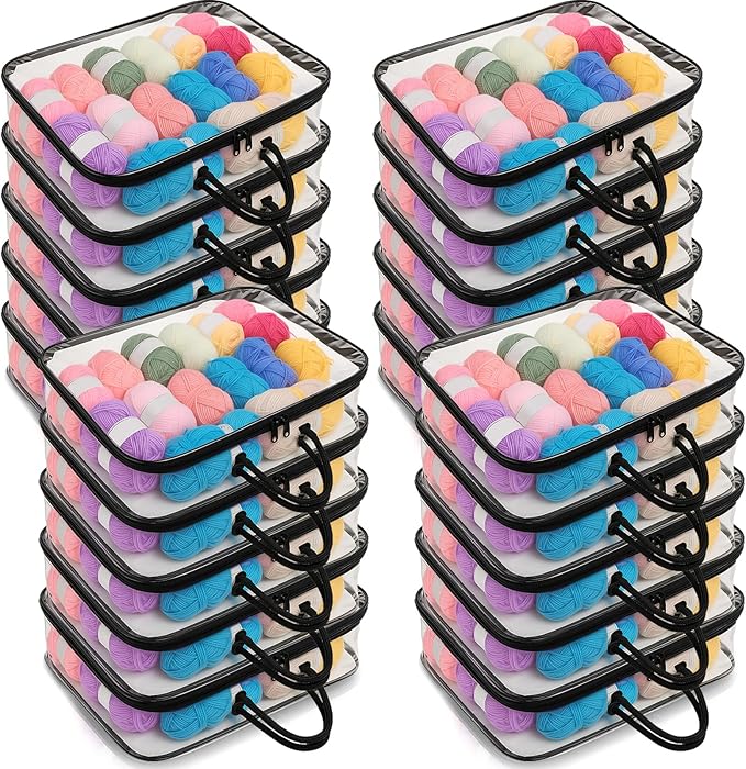 Shinylin 20 Pack Clear Yarn Storage Bags Bulk, 12 x 16 x 4 Inches Yarn Storage Organizer Tote Bag for Knitting Needles Crochet Hooks Wool Balls and Unfinished Project (Black)