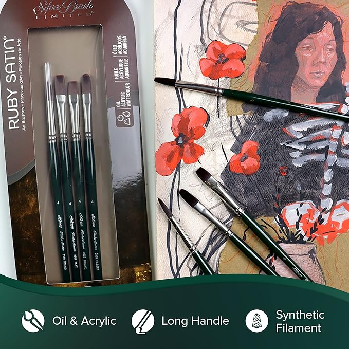 Silver Brush Limited RS-2504 Ruby Satin Mixed-Media Variety Set, Paintbrushes for Oil, Acrylic, and Heavy Body Paints, Set of 4, Size 4 Round, Flat, Bright, & Filbert Brushes, Long Handle