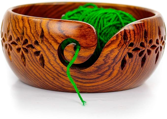 Premium Rosewood Storage Bowl for Yarn Balls & Skeins with Decorative Carved Drills & Drops & Candy Knitting Needles | Knitting & Crochet Notions | Nagina International (Medium)