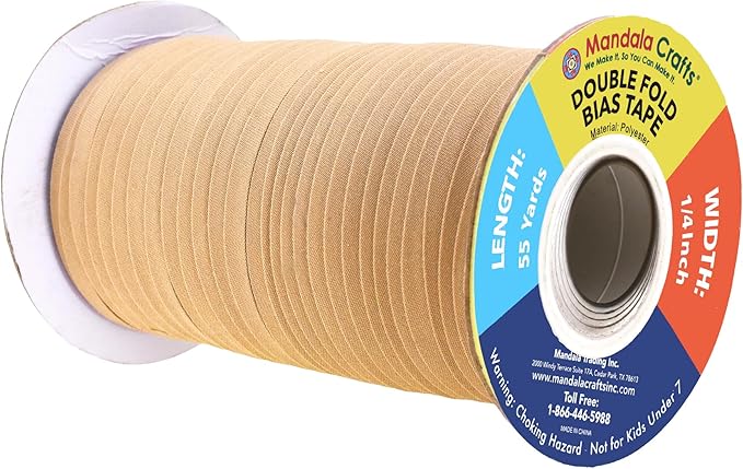 Mandala Crafts 55 Yards 1/4 Inch Tan Double Fold Bias Tape for Sewing - Bias Binding Tape for Quilting Binding, Hemming, Seam, and Fabric Piping