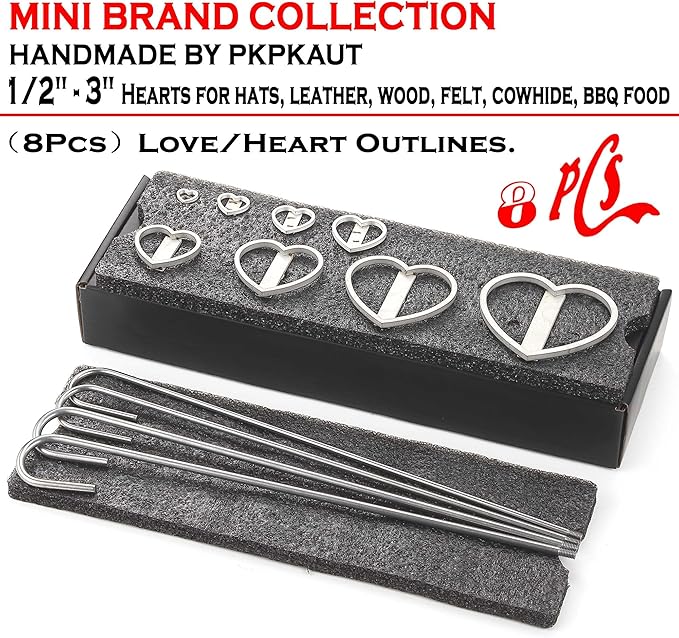 8Pcs Mini 1/2"-3" Branding Irons, Love/Heart Outlines Custom Wood Branding Iron Personalized for Wood Working, Leather Hats, Felt, Cowhide, BBQ & Bread Logo, Steak Branding Iron for Food
