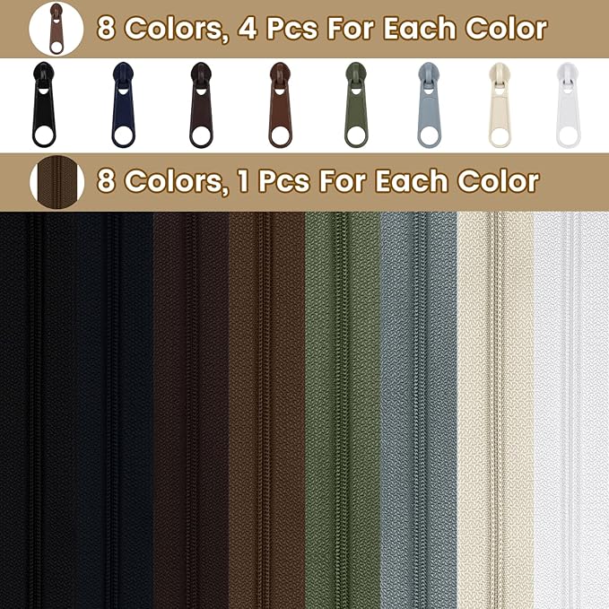 DOITEM 24 Yards 8 Pieces Sewing Zippers #3 Nylon Coil Zippers Assorted Zipper for Sewing with 32 Zipper Sliders for DIY Tailor Sewing Crafts Supplies, 8 Color