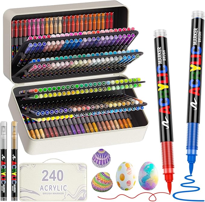 DICEKOO 240 + 2 Colors Acrylic Paint Markers with Carrying Case, Soft Brush Tip Acrylic Pens, Smooth Writing, Quick-Drying, Lightfast, for Rock Painting, Canvas, Wood, Egg & DIY Crafts Art Supplies