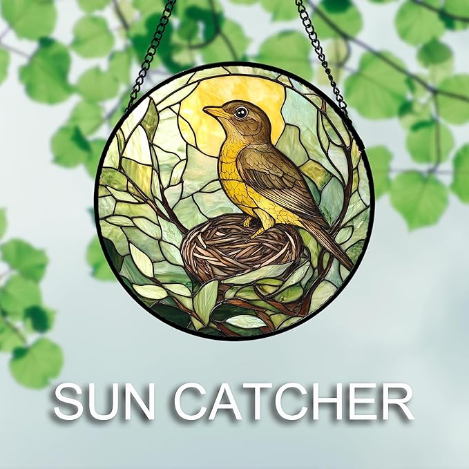 Stained Glass Window Hanging 4 Pcs Set Bird Theme On Branch Large 11.8" - Cardinal Suncatcher Door Garden Sun Catcher Decor Birthday Christmas for Mom Woman Nana Men