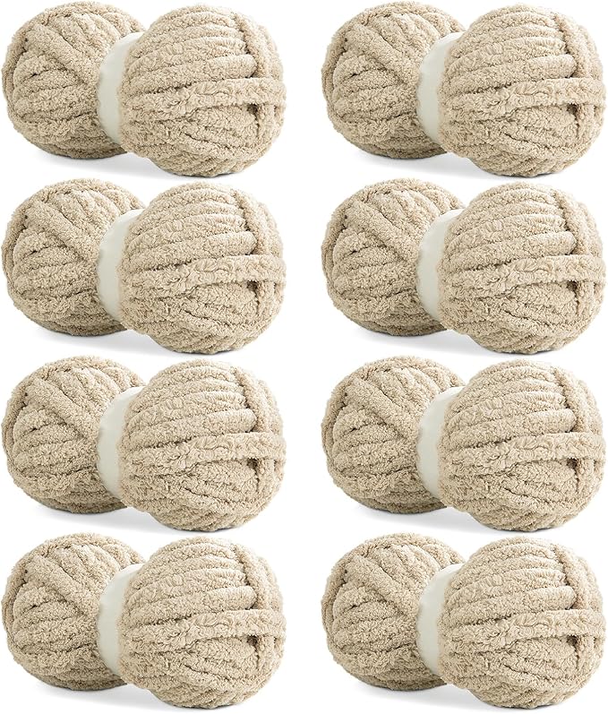HOMBYS Khaki Chunky Chenille Yarn for Hand Knitting,Fluffy Soft Jumbo Yarn Crocheting,Super Bulky Big Yarn for Chunky Blanket,Large Thick Arm Knitting Yarn,8 Pack Plush Fuzzy Yarn