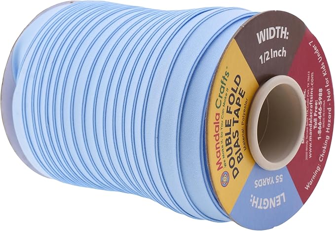 Mandala Crafts 55 Yards 1/2 Inch Light Blue Double Fold Bias Tape for Sewing - Bias Binding Tape for Quilting Binding, Hemming, Seam, and Fabric Piping