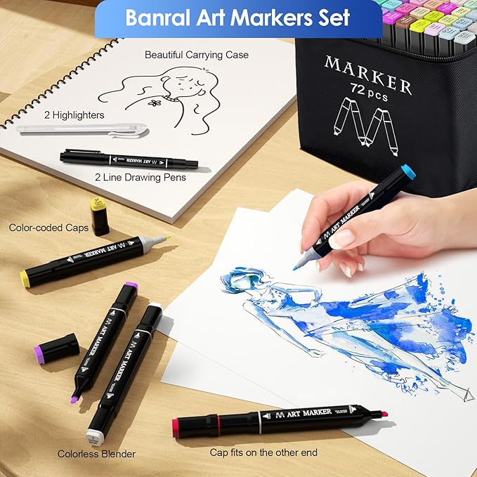 Banral Alcohol Markers Set, 72 Colors Dual Tip Alcohol Based Art Marker for Artists, Permanent Drawing Markers for Adult Coloring Sketching Illustration with Case and Holders