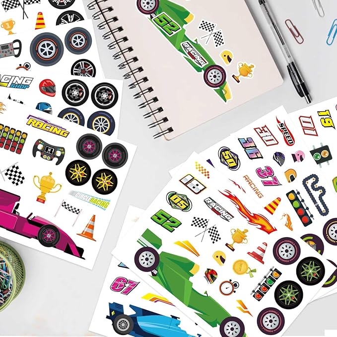 24 Sheets Car Stickers for Kids, Race Car Theme Waterproof Paper, DIY Race Car Stickers, Party Favors