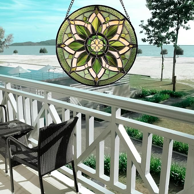 Stained Glass Window Hanging - White Green Boho Flower Suncatcher for Doors Window Home Sun Catchers Decor Christmas Mother's Day Birthday Gifts for Teacher Women Men Mom Nana 11.8 in