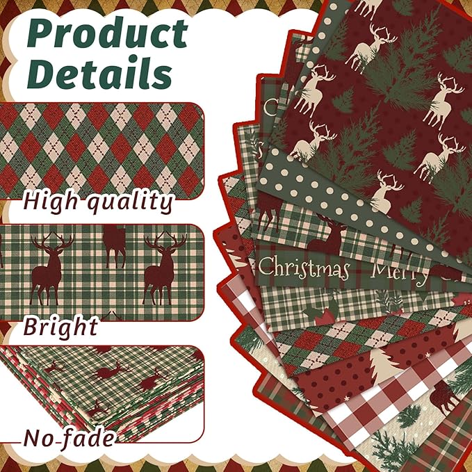 Hahafelt 10 Pcs Christmas Woodland Quilting Fabric 18 x 22 Inch Vintage Christmas Fabric Bundles Homespun Rustic Precut Reindeer Poinsettia Plaid Snowflake Fat Squares for Xmas Winter Craft Sewing DIY