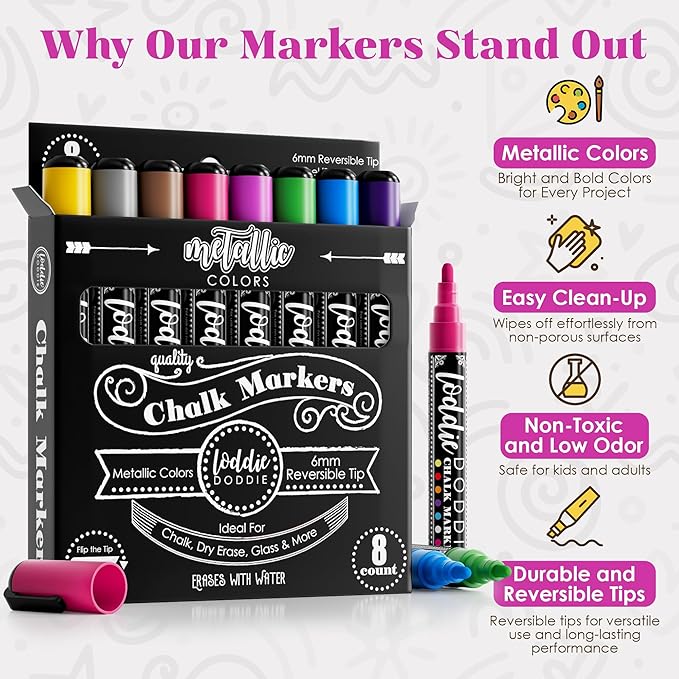 Loddie Doddie Metallic Liquid Chalk Markers - Pack of 8 6mm Reversible Tips - Bold Metallic Ink & Chalk Markers for Blackboard - Easy Erase on Glass & Windows, Glass Board & Window Pens