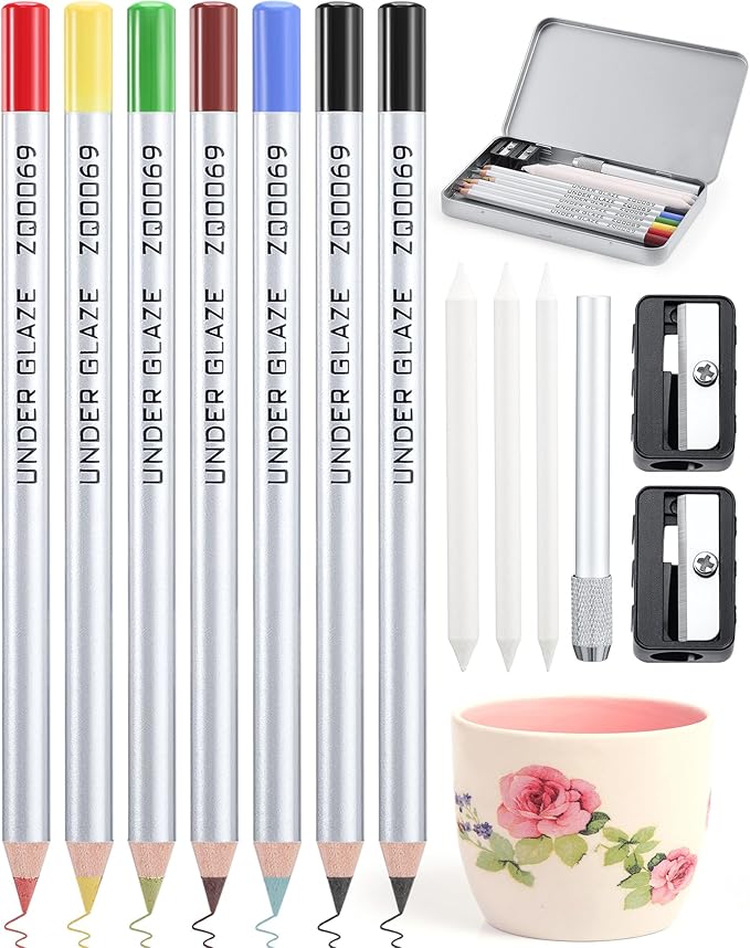 Affrolling 14 Pcs Underglaze Pencil Kits 7 Pcs Multicolor Underglaze Pottery Pen for Ceramics with Blending Stump Pencil Extenders Sharpener Pen Case for Decorating Under Ceramic Pottery Bisque Ware