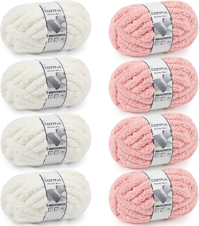 Chunky Yarn for Hand Knitting - #10 Chunky Chenille Yarn, Jumbo Big Thick Chunky Yarns for Crocheting, Super Bulky Chunky Knit Blanket Yarns, 8 Skein (25yd, 8oz/Skein), Cream & Pink