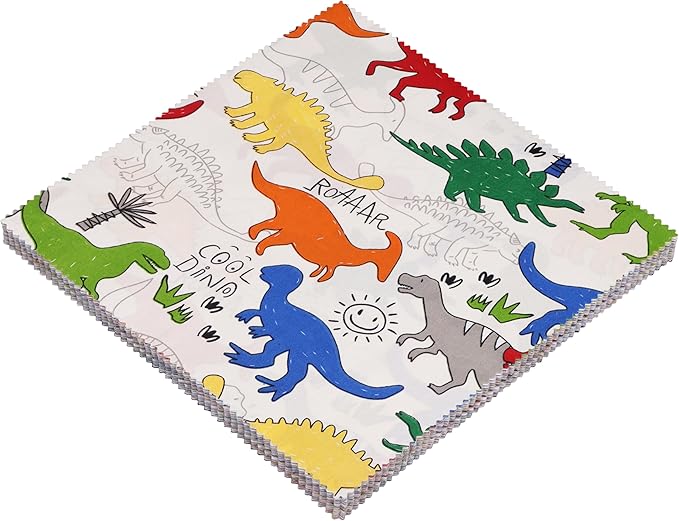 Hanjunzhao Cartoon Dinosaur Cotton Fabric Squares 10x10, Layer Cake Fabric Clearance for Quilting 10 inch, Layer Cakes 10 inch Squares for Quilting, Baby Blanket, Room Decor, and Crafts, Dinosaurs