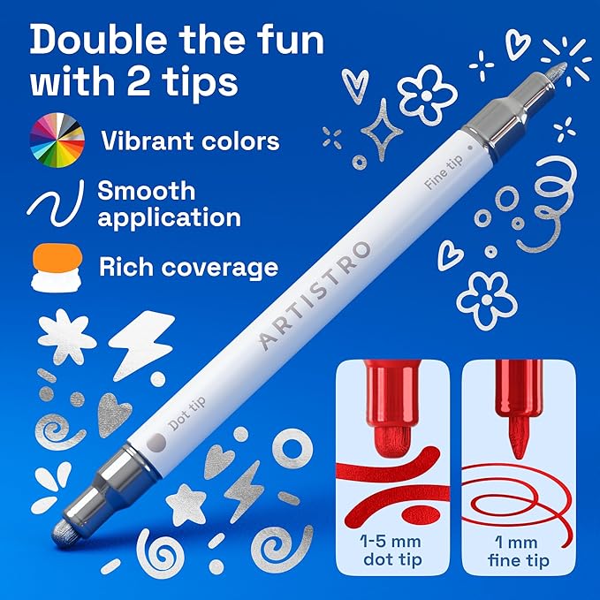 ARTISTRO 24 Metallic Acrylic Paint Markers for Rock, Fabric, Wood, Glass, Craft, Decoration - Dual-Tip Paint Pens - Stocking Stuffers, Christmas Gift Idea for Teens, Grandkids, Kids - Art Supplies