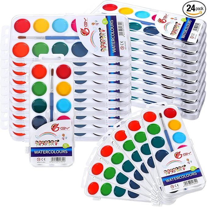 24 Pcs Watercolor Paint Set, with 12 Vibrant Colors and Paint Brushes, Washable Watercolors Paints Set Bulk for Family Art Party Favors Art Activities Painting Projects Christmas Gift