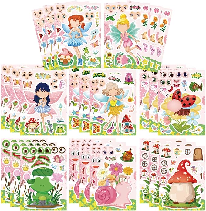 24 PCS Fairy Stickers for Kids, Make a Face Sticker with 8 Unique Designs Fairy, Frog, Mushroom, Make Your Own Stickers for Girls Birthday Party Favors, Goodie Bags, DIY Crafts