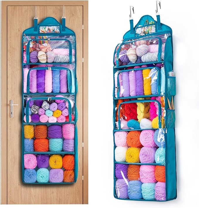 MYBAGZING Hanging Yarn Storage Organizer –Over-The-Door Crochet Organizer with Both Front and Side Zipper Closure -Large Capacity Clear Yarn Holder for Crochet Hooks, Knitting Needles & Accessories