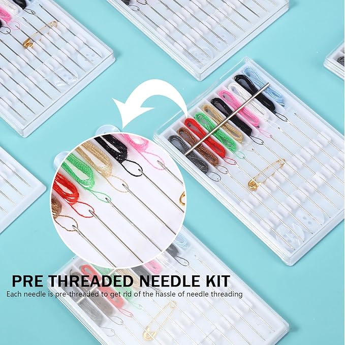 MTLEE 8 Boxes 80 Pieces Mini Quick Fix Sewing Kit Easy Pre Threaded Needle Basic Personal Kit Plastic Threaded Needle Holder Small Home Travel Sewing Box with Pin Button, Assorted Colors