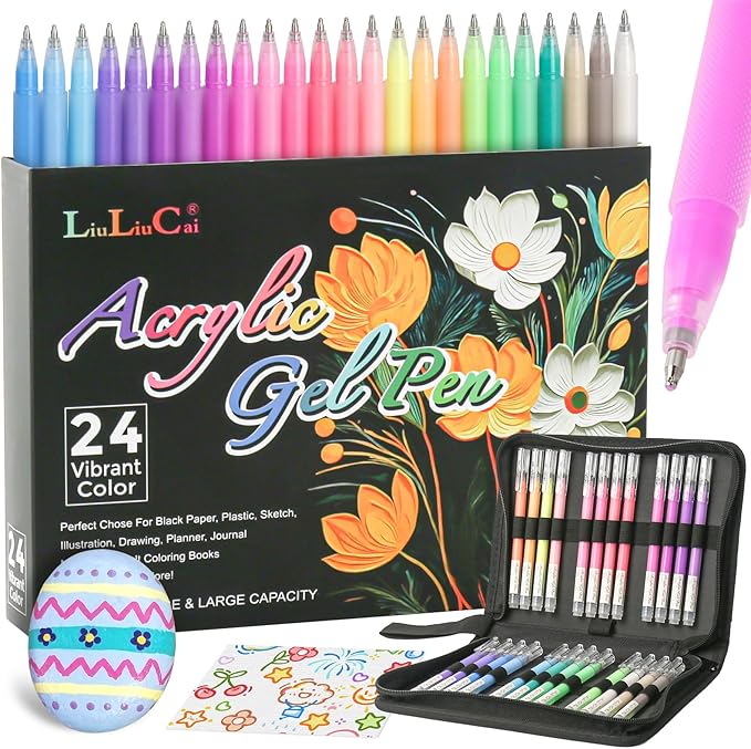 LIUILUCAI 24 Colors 3D Acrylic Gel Pens for Coloring, Large Capacity Fine Tip Acrylic Paint Pen, 1.0 mm Bullet Tip, Colored Gel Ink Pens for Black Paper Drawing Journaling Art Supplies