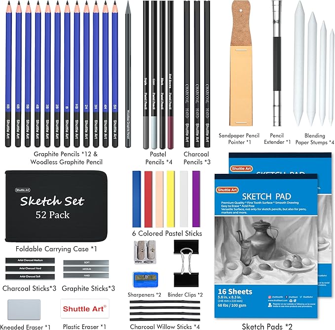 Shuttle Art 52 Pack Drawing Pencils Set, Professional Art Kit with Graphite Charcoal Sticks, Drawing Pad in Portable Case, Ideal for Kids and Adults Artists