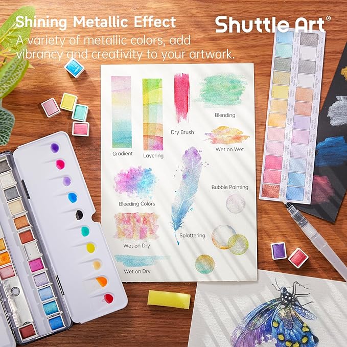 Metallic Watercolor Paints, Shuttle Art 24 Colors Glitter Watercolor Paint in Half Pans with Water Brush Pen Watercolor Pad &Mental Box, Art Supplies for WatercolorPainting, Illustrations, Calligraphy