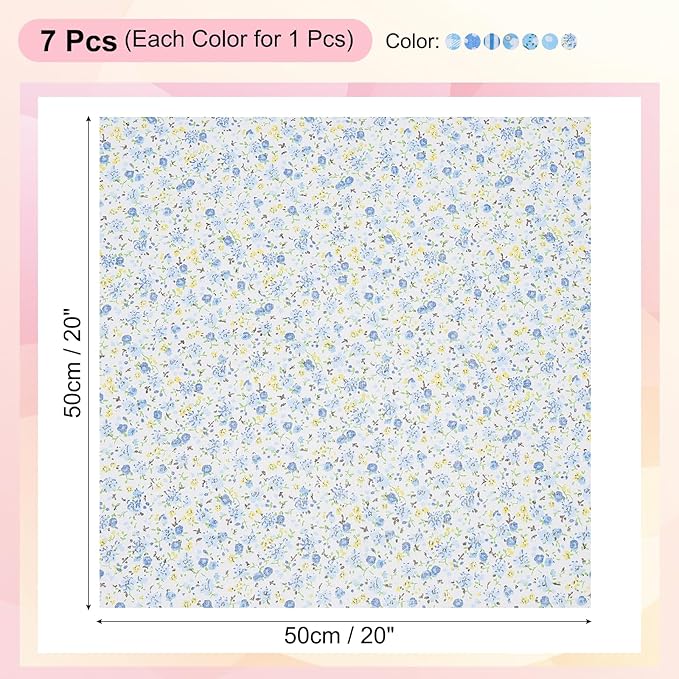 PATIKIL Cotton Fabric Bundles, 7 Pcs 20 x 20 Inch Pure Cotton Fat Quarter Floral Printed Precut Fabric Squares for Sewing Patchwork Quilting DIY Crafts, Blue