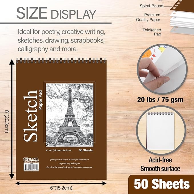 BAZIC Products Sketch Pad 50 Sheet 6" X 8", Top Bound Spiral Sketchbook Drawing Pads, Sketching Paper Coloring Book for Artist School, 48-Pack