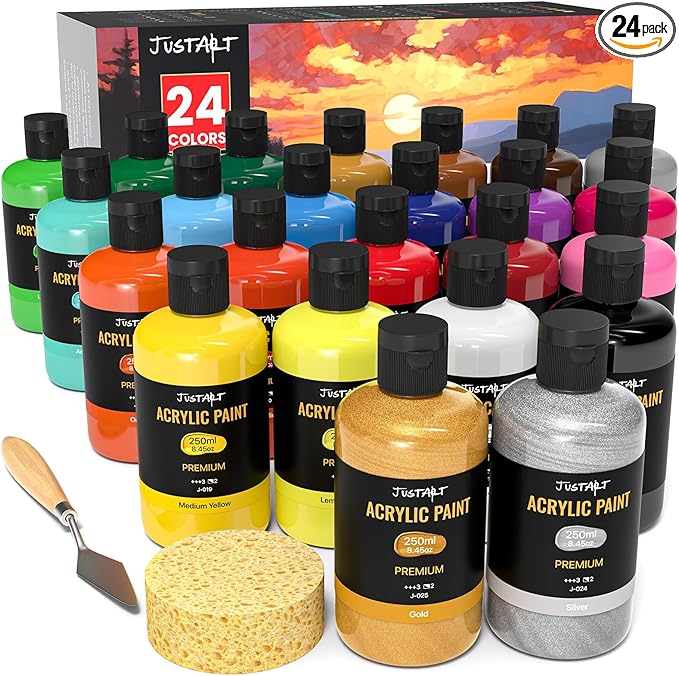 JusArt 24 Colors Acrylic Paint Set, Including Gold and Silver, 8.45oz(250ml) Large Bottles Adult Artist Paints for Canvas, Crafts, Mural, Rocks, Clay, Fabric, Wood