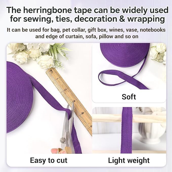 3/4 inch Purple Herringbone Twill Tape for Sewing,Pet Collar,Gift Wrapping Home Deco -40 Yards-Cotton Webbing Straps-Natural Bias Binding Tape for Handles, Crafting & DIY Projects