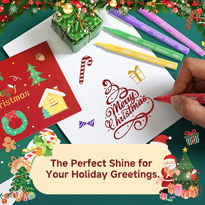 12 Glitter Markers Pens, Metallic Shimmer Markers for Rock, Glass, Wood, Fabric, Halloween and Christmas Decoration, Sparkly and Shiny Glitter Paint Pens with Fine Tip 0.7 mm